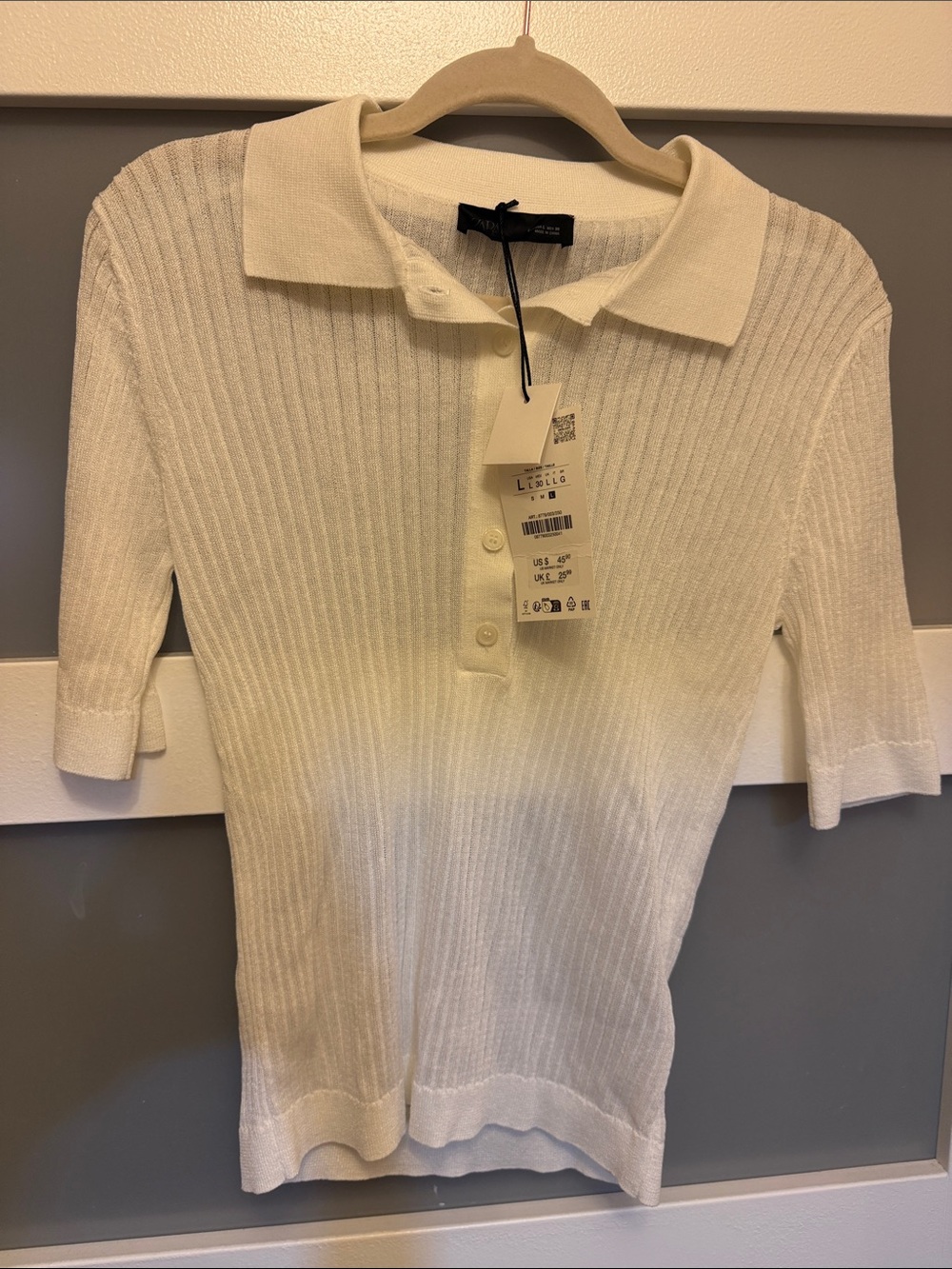 ZARA Cream Ribbed Polo Knit Top